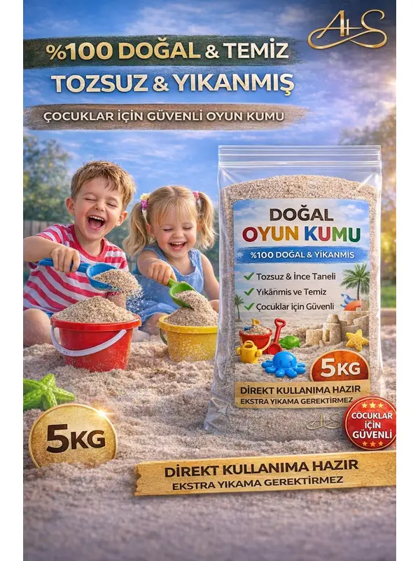 Doğal Oyun Kumu 5 KG Tozsuz, Yıkanmış Çocuklar İçin Güvenli Direkt Kullanıma Hazır Plaj & Havuz Kumu